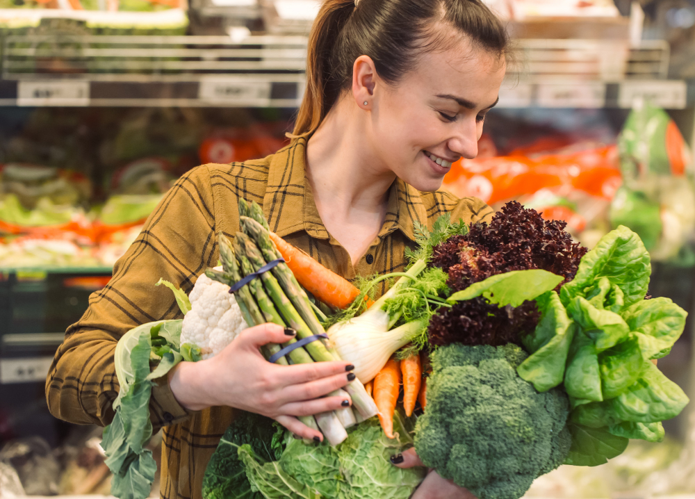 Organic Vegetables Close Up Beautiful Young Woman Shopping Supermarket Buying Fresh Organic Vegetables