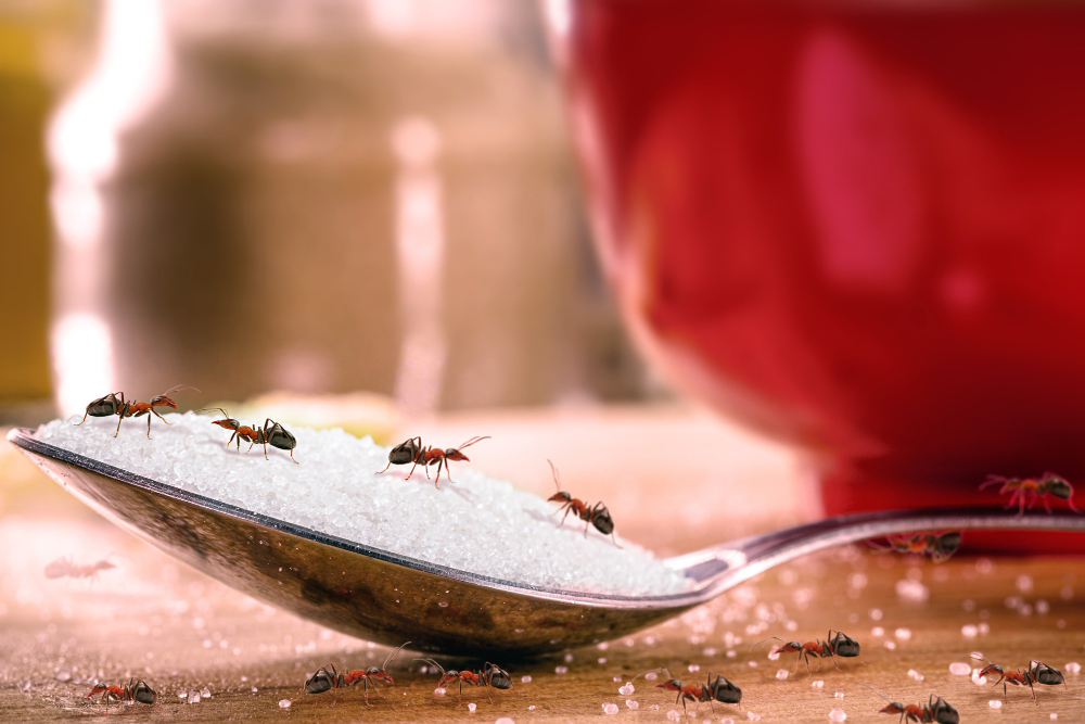 Spoon Sugar With Many Red Ants It Insects Indoors Danger Infestation Pest
