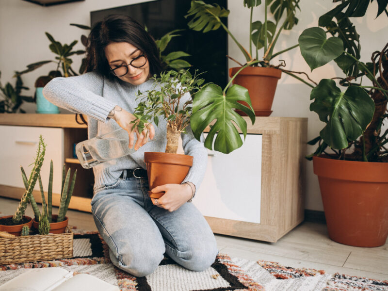 Young Woman Cultivating Plants Home