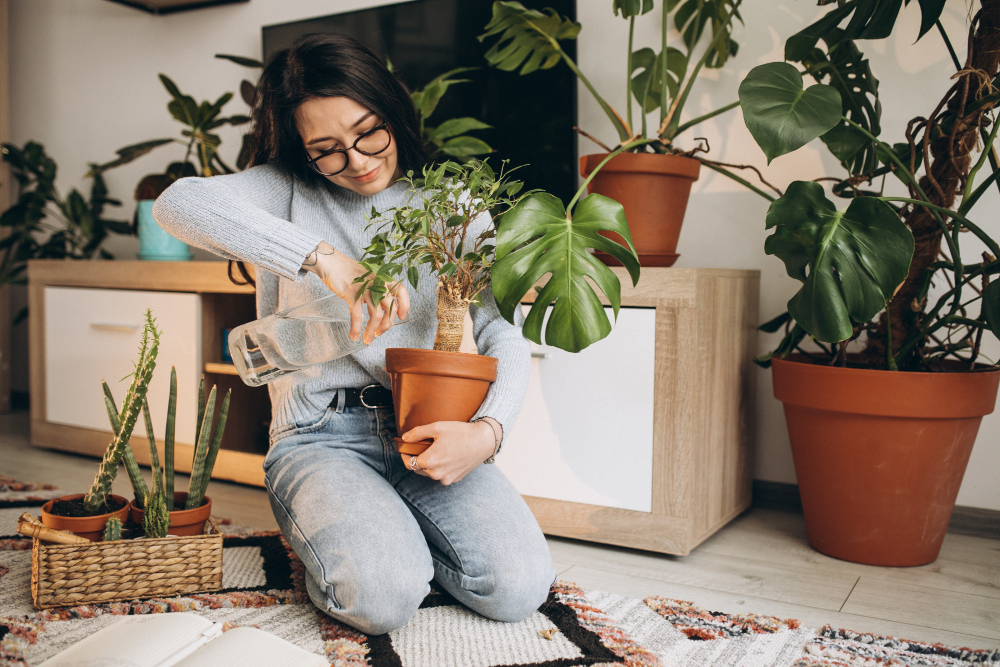 Young Woman Cultivating Plants Home