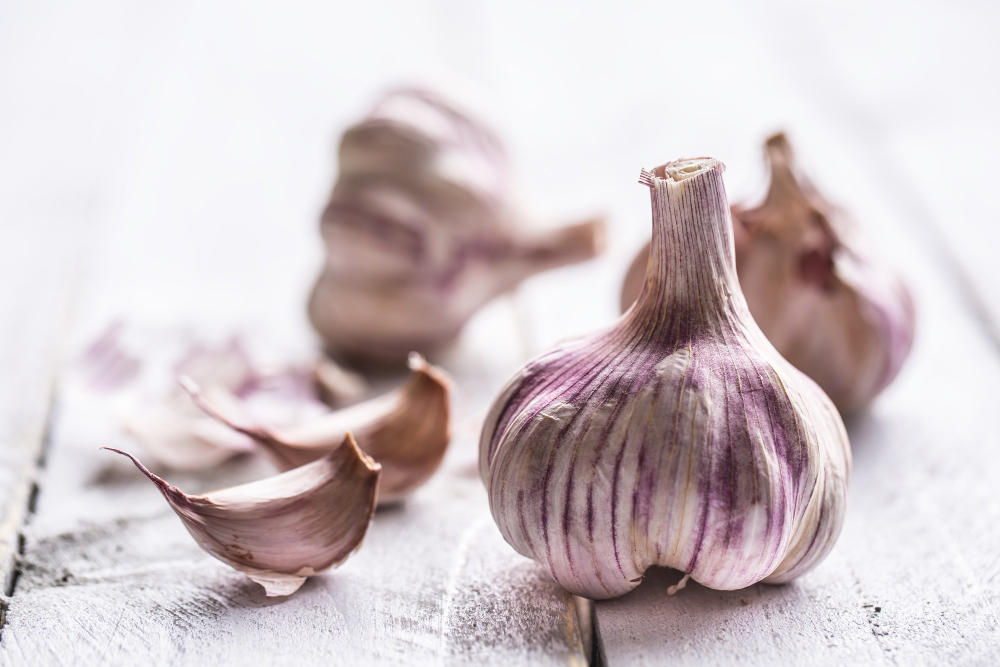 Garlic Cloves Bulbs Vintage Wooden Table