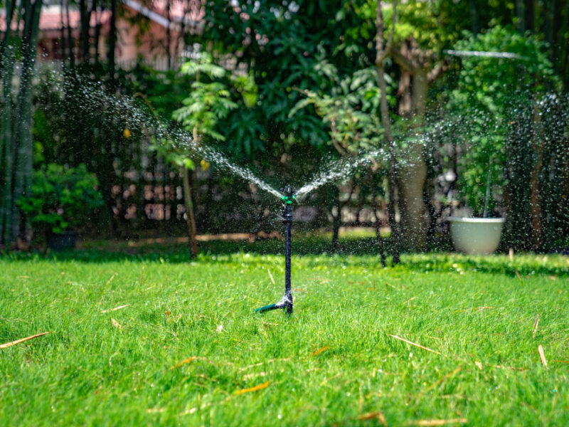 Fresh Water Splash From Sprinkle Pole Settle Grass Feild Outdoor Garden