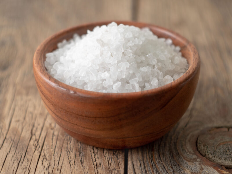 White Bowl With Large Sea Salt Brown Bright Wooden Table