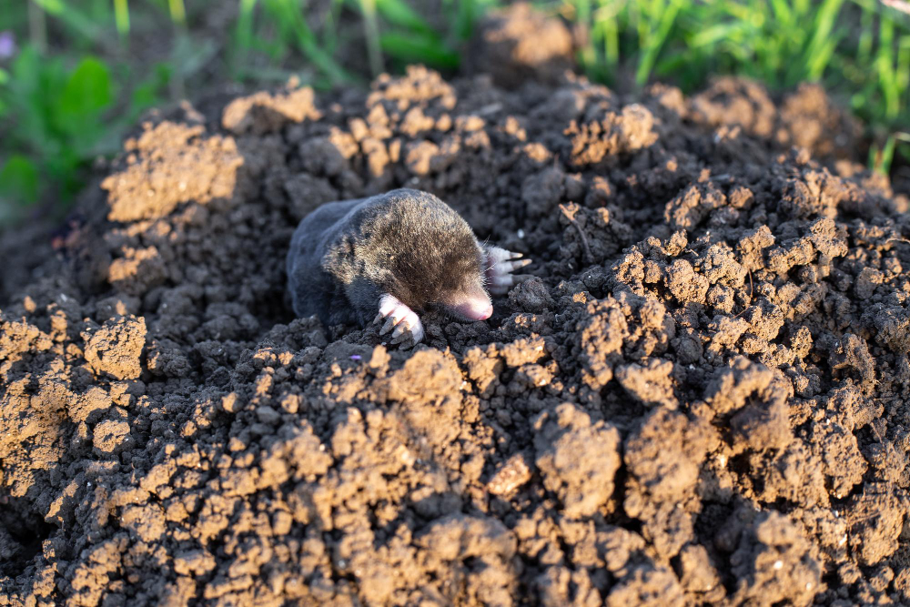 Mole Crawls Out Wormhole Vegetable Garden Summer Day Rodent Pest Control