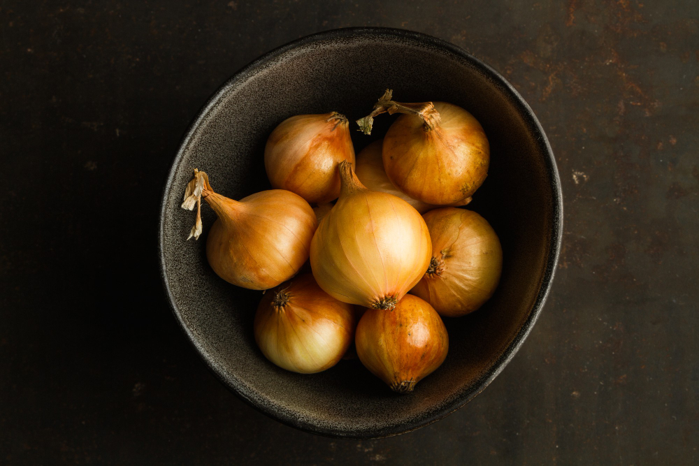 Small White French Onions Dark Bowl