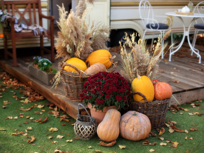 Decorated Entrance House With Pumpkins Basket Chrysanthemum