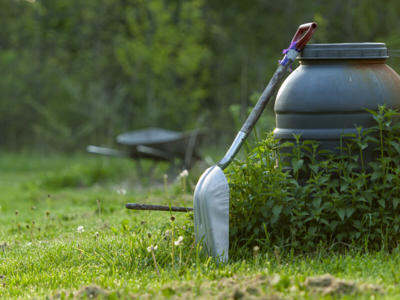 Closeup Shot Shovel Garden With Trees