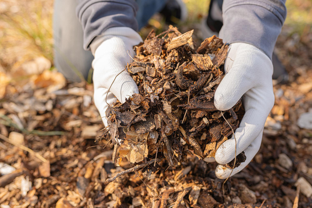hands-man-gardening-gloves-put-wood-chip-mulch-into-bag-recycling-recycled-wood-mulching