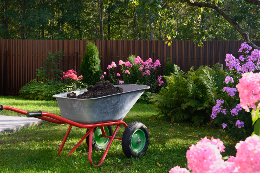 wheelbarrow-with-humus-green-lawn-private-farmhouse-seasonal-work-fertilization-garden-flowers-outdoors
