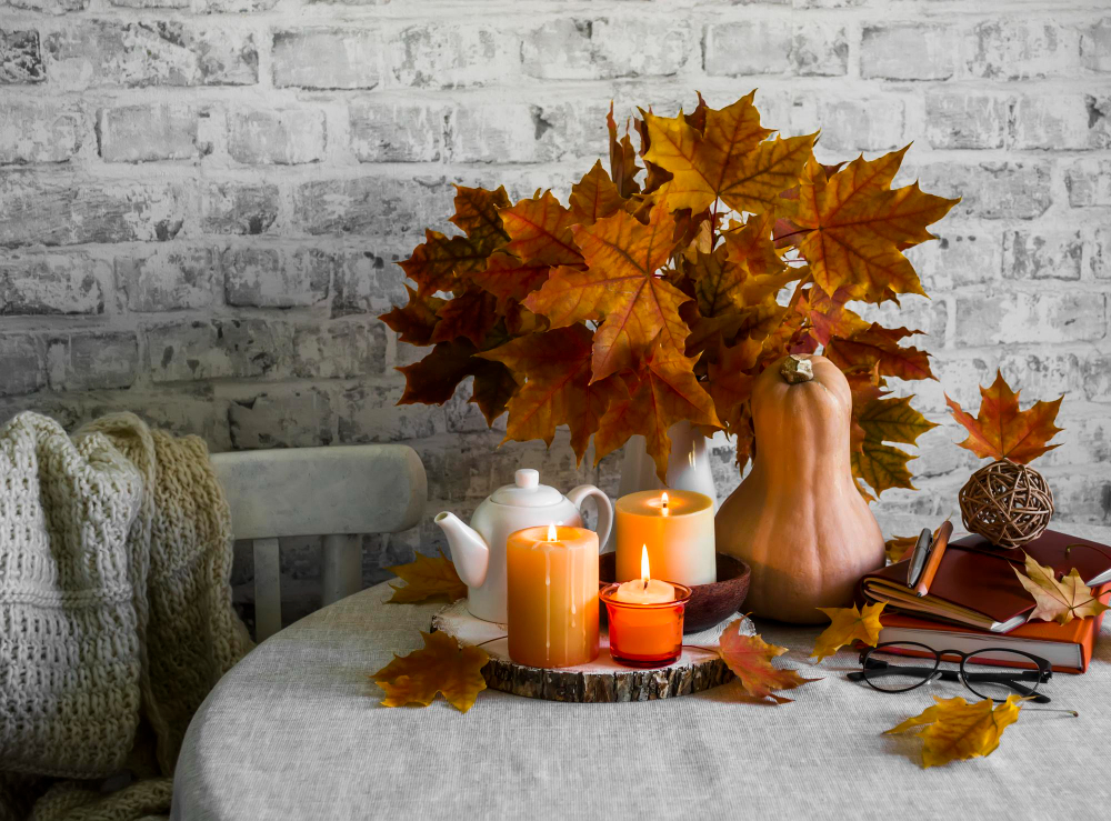 Lit Candles Dry Maple Leaves Pumpkin Stack Books Autumn Still Life Interior Decoration House Cozy Home Concept