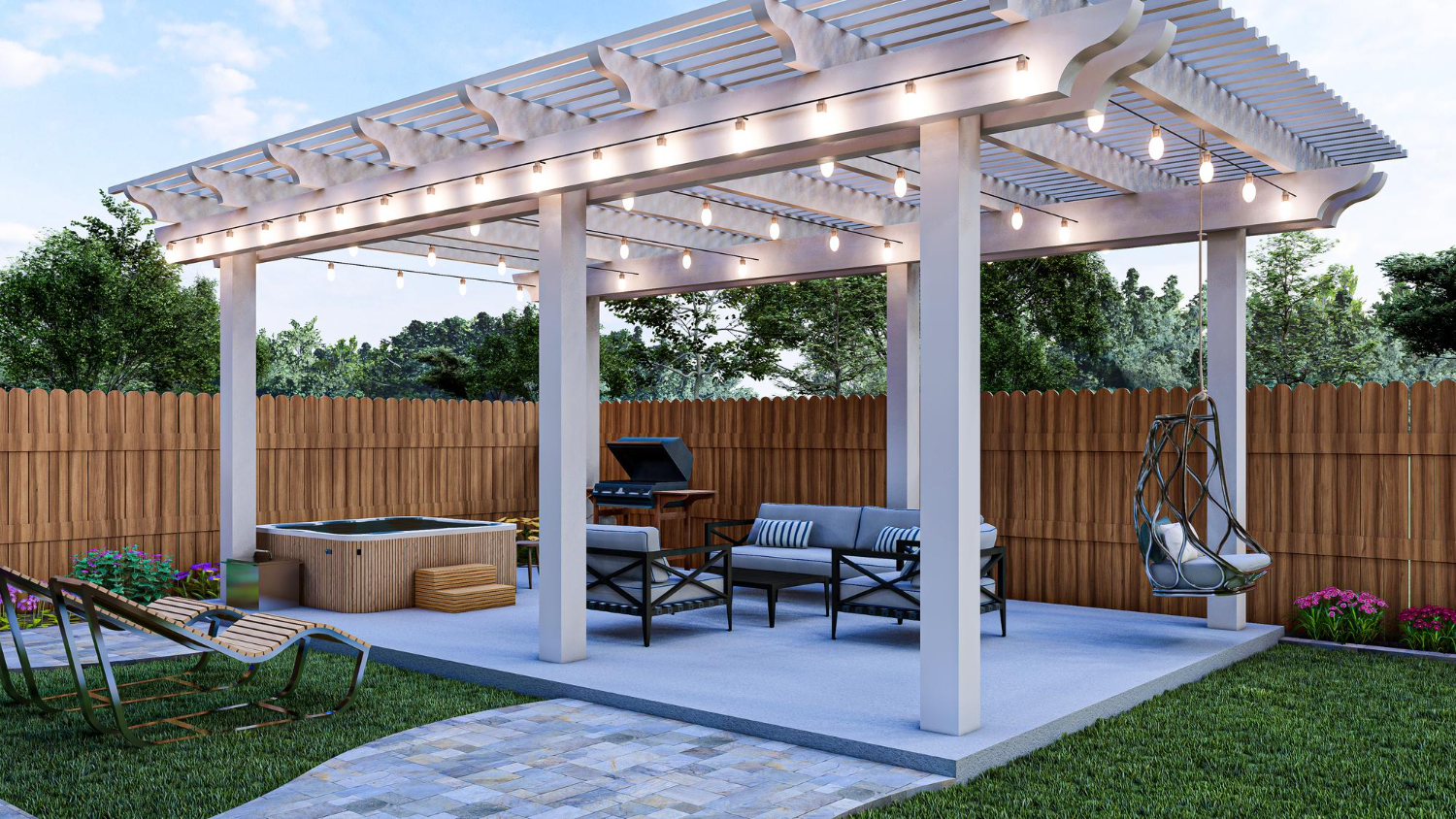3d Rendered Small Backyard Patio With Pergola Hot Tub