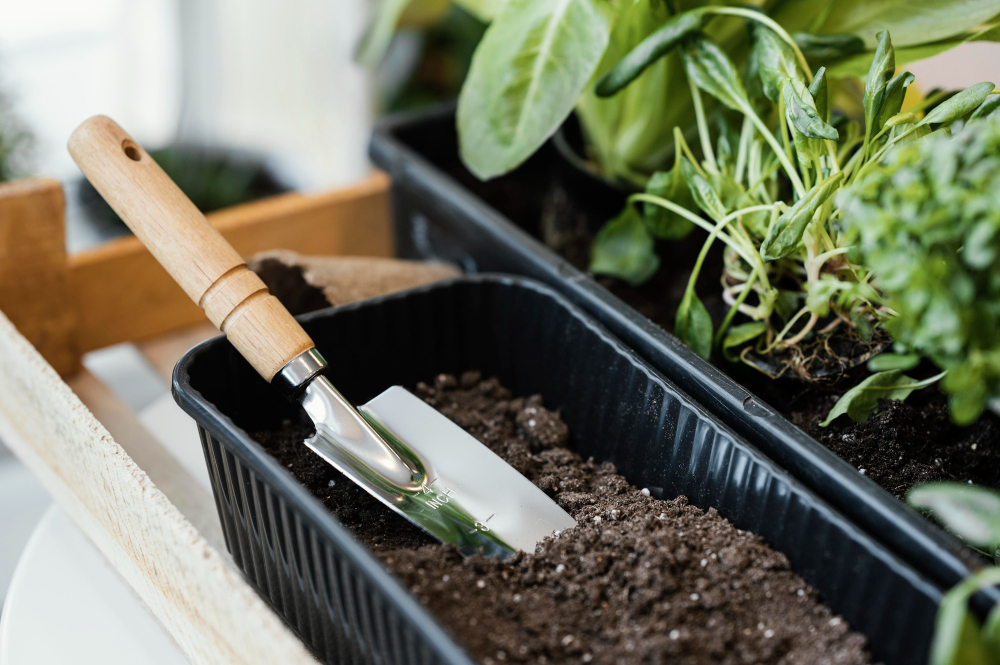 high-angle-plant-pot-with-soil-trowel