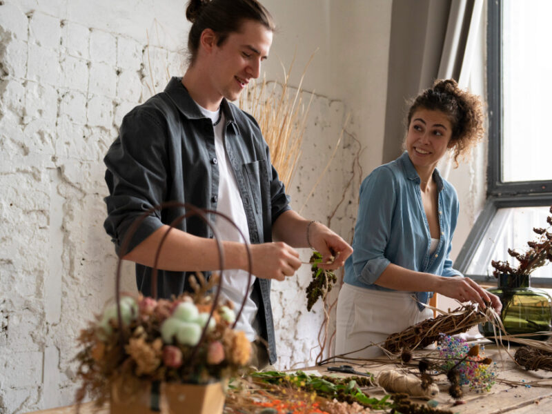 People Building Their Own Dried Arrangement