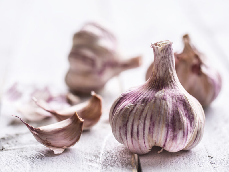 Garlic Cloves Bulbs Vintage Wooden Table