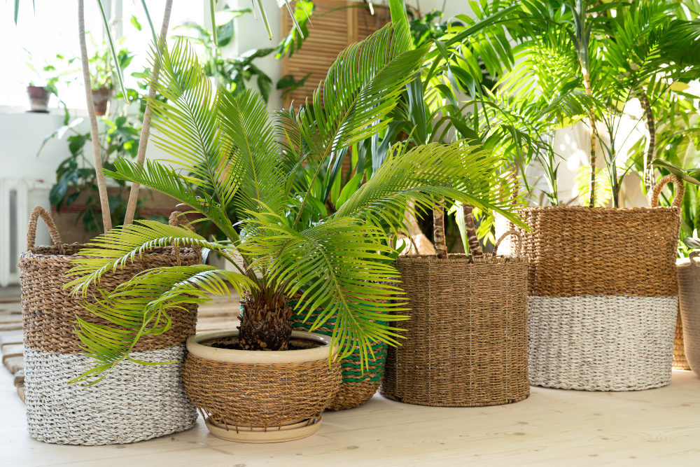 Various Palms Wicker Pots Wooden Floor Living Room