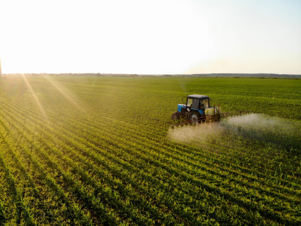 Tractor Sprays Pesticides Corn Fields Sunset
