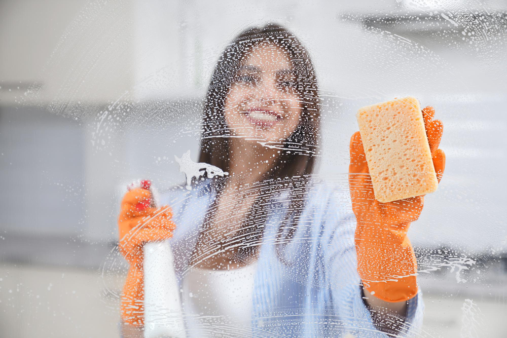 Beautiful Woman Washing Window Rubber Gloves