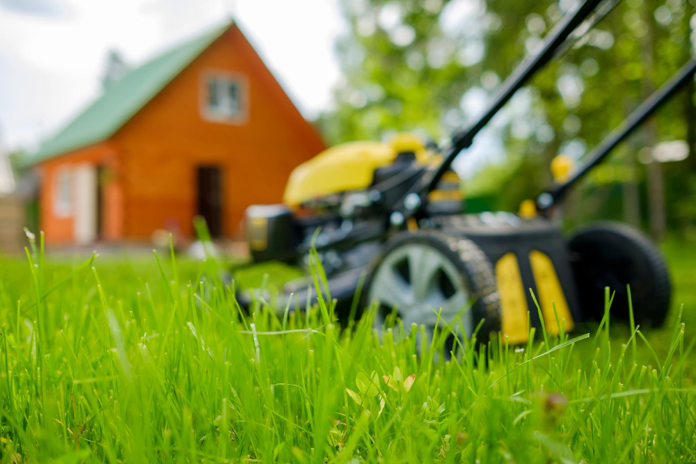 Lawn Mower Green Grass Blurred House Background