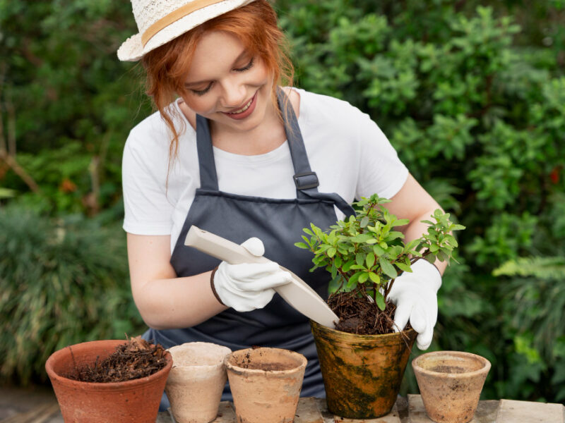 Young Woman Taking Care Her Plants Greenhouse