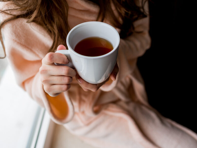 Woman Bathrobe Holding Cup Hot Tea Outumn Mood