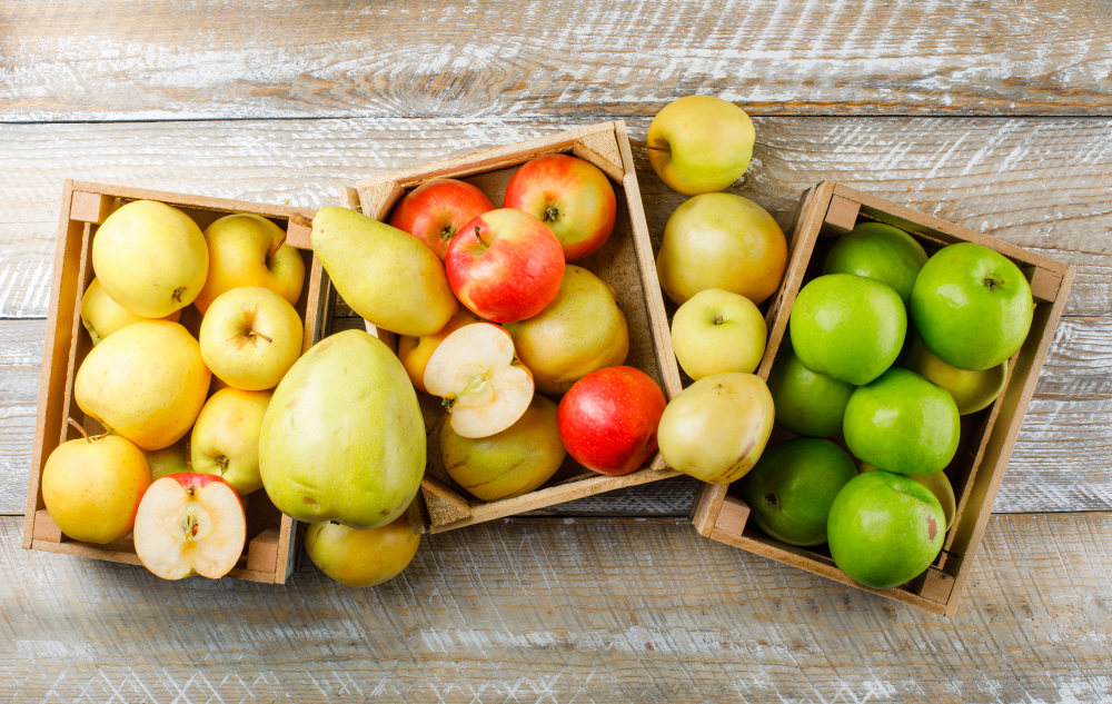 Apples Variety With Pears Wooden Boxes Wooden