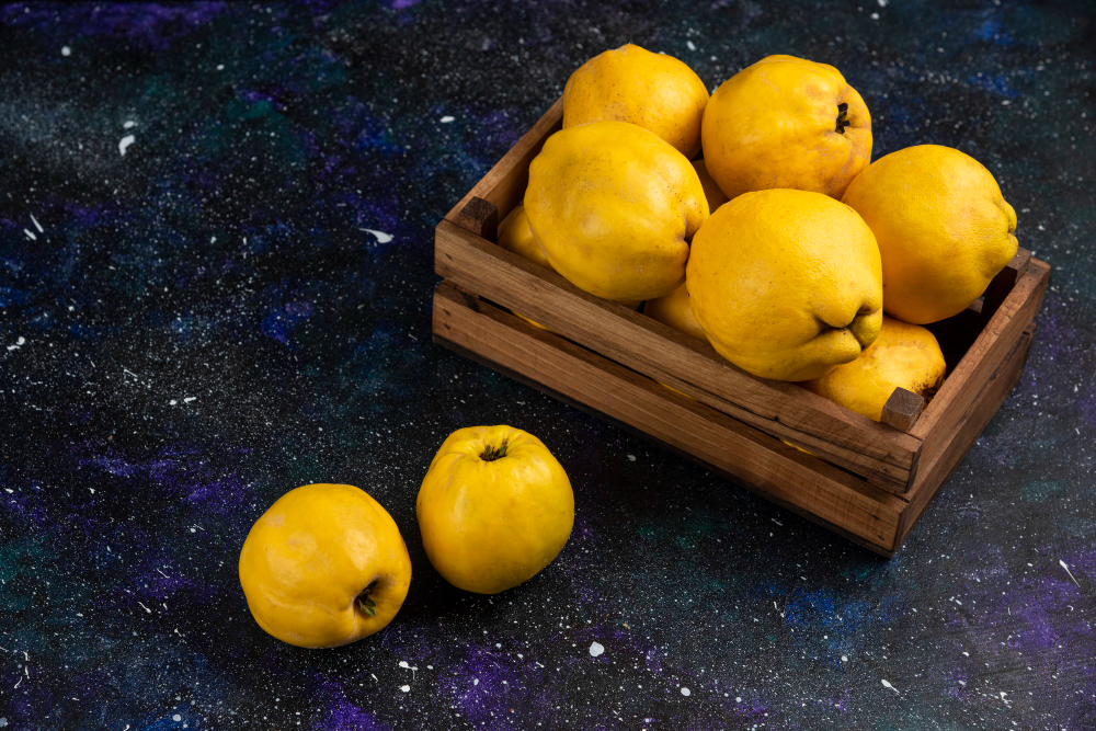 Ripe Whole Quince Fruits Wooden Box Dark Table