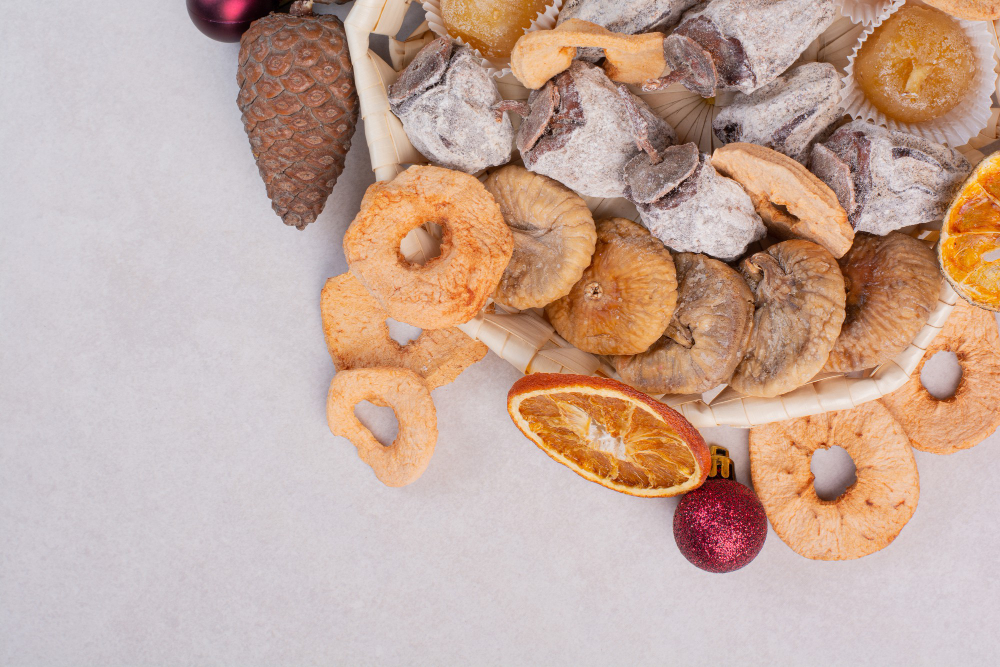 Basket Mixed Healthy Dried Fruits With Pinecones High Quality Photo