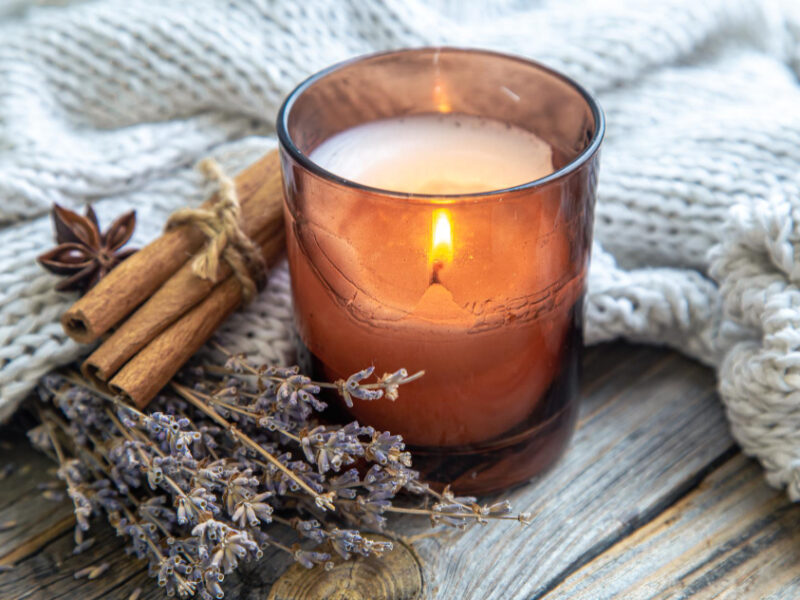 Candle Cinnamon Sticks Lavender Closeup