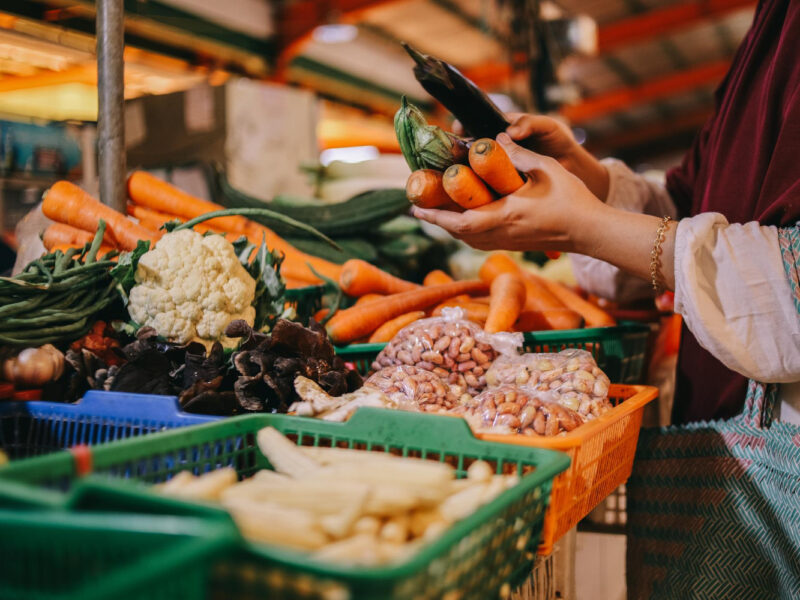 Buying Fresh Organic Produce Farmers Market Hand Woman Chooses Various Fresh Vegetables