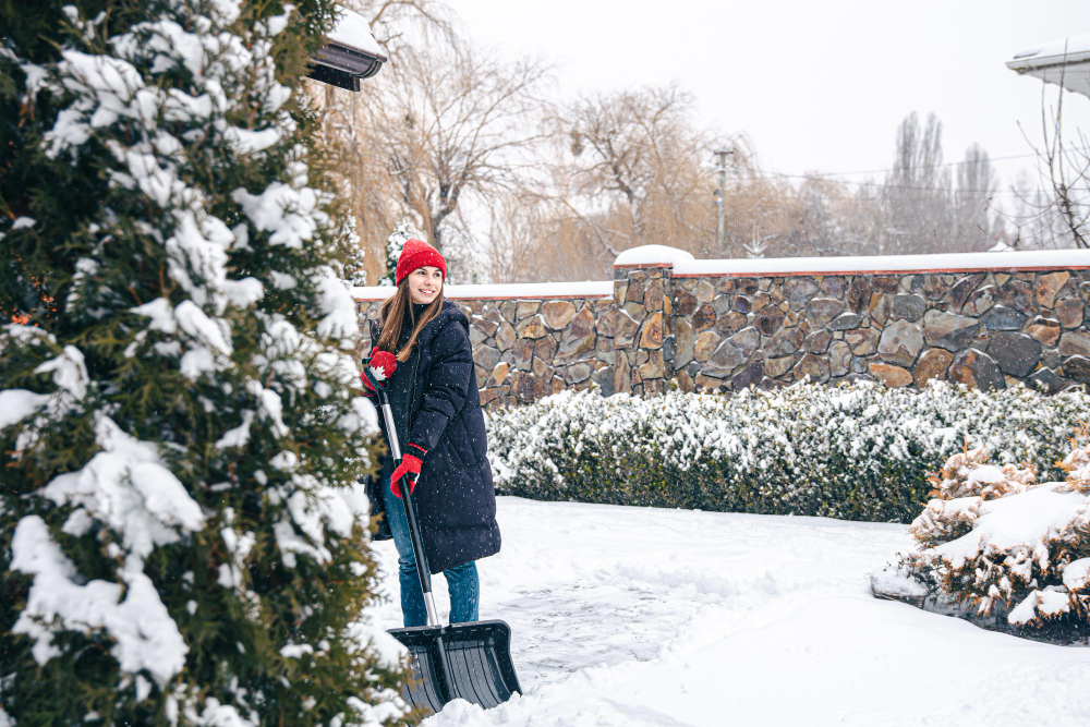 Young Woman Cleans Snow Yard Snowy Weather