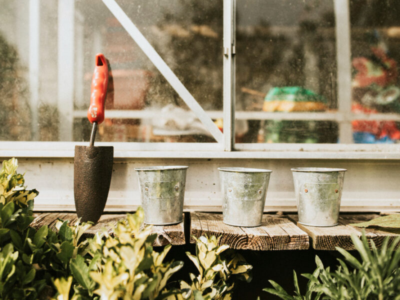 Plant Pots With Trowel Wooden Table