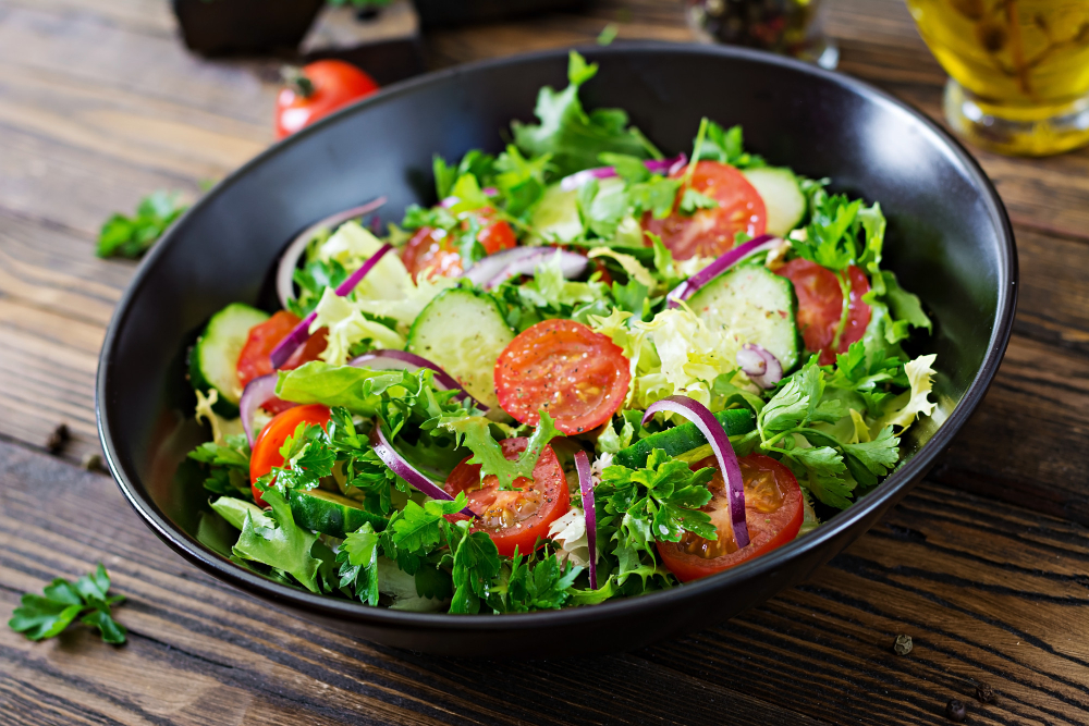 Salad From Tomatoes Cucumber Red Onions Lettuce Leaves Healthy Summer Vitamin Menu Vegan Vegetable Food Vegetarian Dinner Table