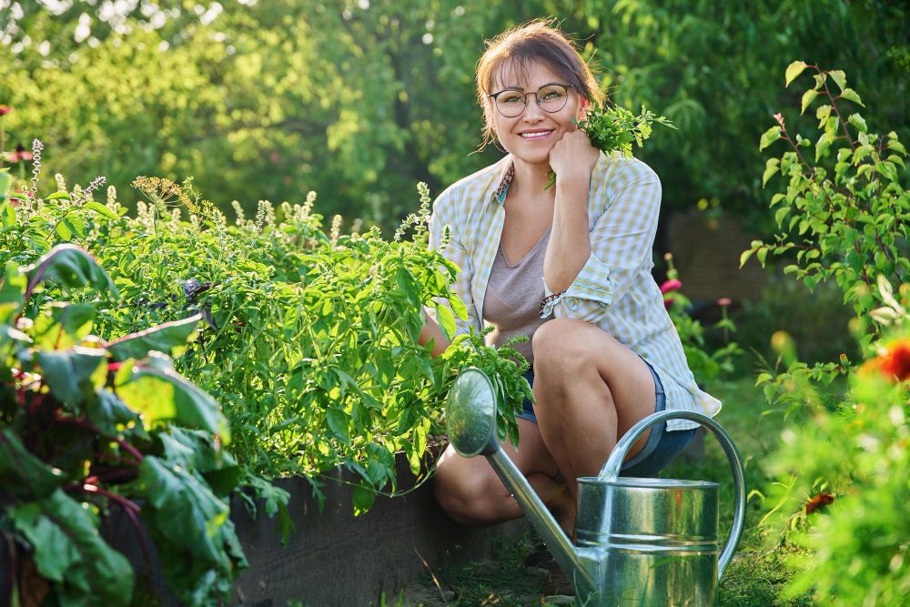 Middleaged Woman With Watering Can Near Garden Bed With Spicy Fragrant Herbs Smiling Woman Looking Camera With Basil Parsley Branch Agriculture Farming Hobbies Growing Natural Organic Food