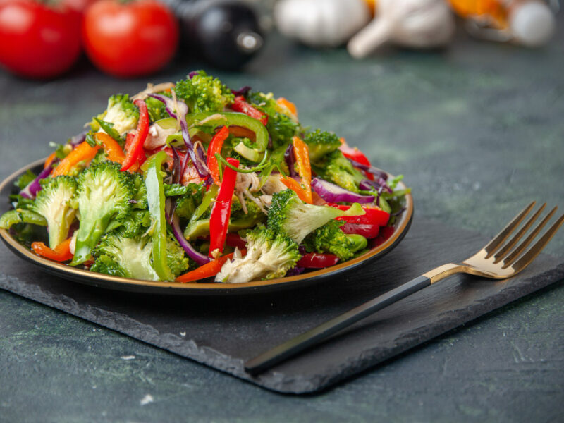Top View Fresh Vegetables White Flower Wooden Hammer Delicious Vegan Salad Dark Color Background