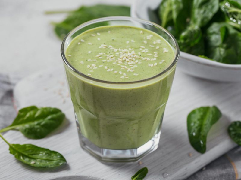 Glass Homemade Healthy Green Smoothie With Fresh Baby Spinach