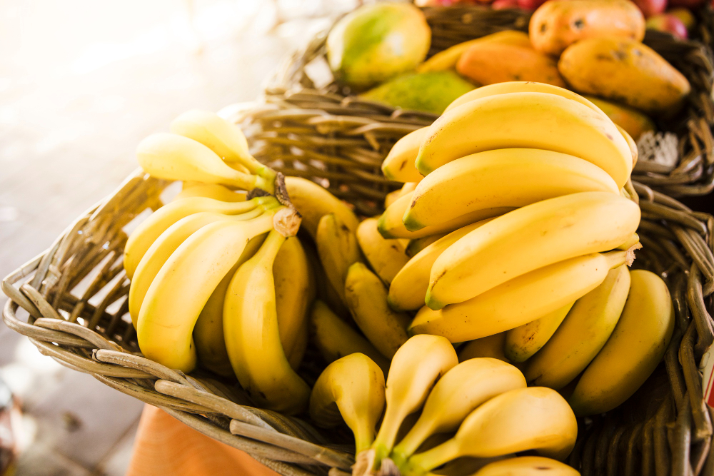 Ripe Yellow Bananas Wicker Basket Fruit Market Store