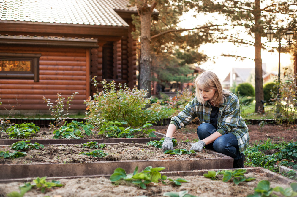 Beautifu Woman Works Backyard Woman Is Caring Strawberry Bushes Using Garden