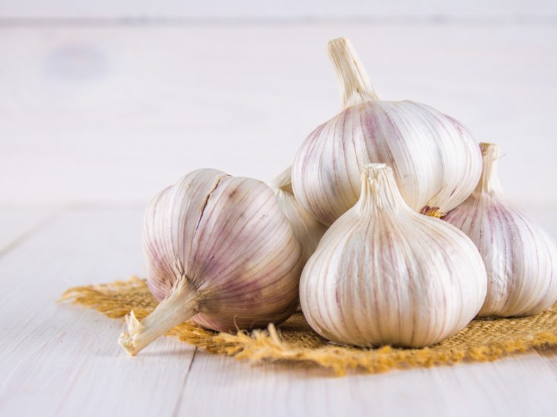 Garlic Cloves Garlic Bulb White Wooden Table