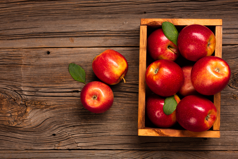 Flat Lay Crate With Ripe Apples With Copy Space