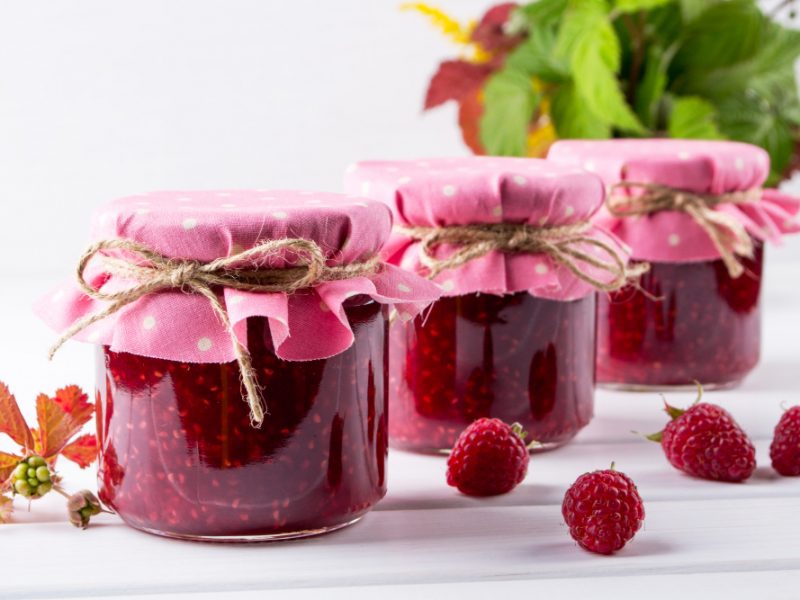 Jars With Raspberry Jam Placed Rows Fresh Raspberry White Wooden Table