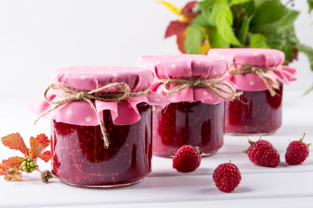 Jars With Raspberry Jam Placed Rows Fresh Raspberry White Wooden Table