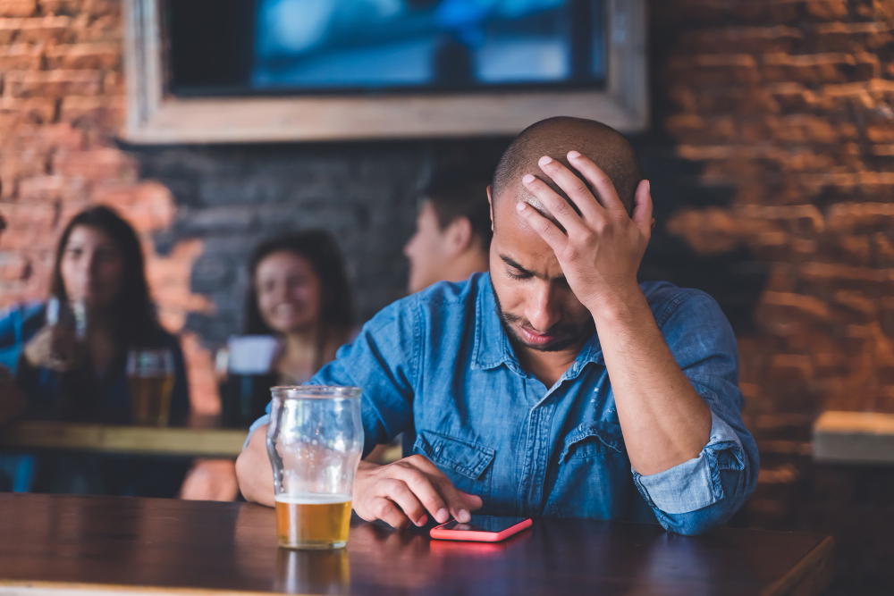 Sad Lonely Latin Man Sitting Bar Pub While Drinking Beer