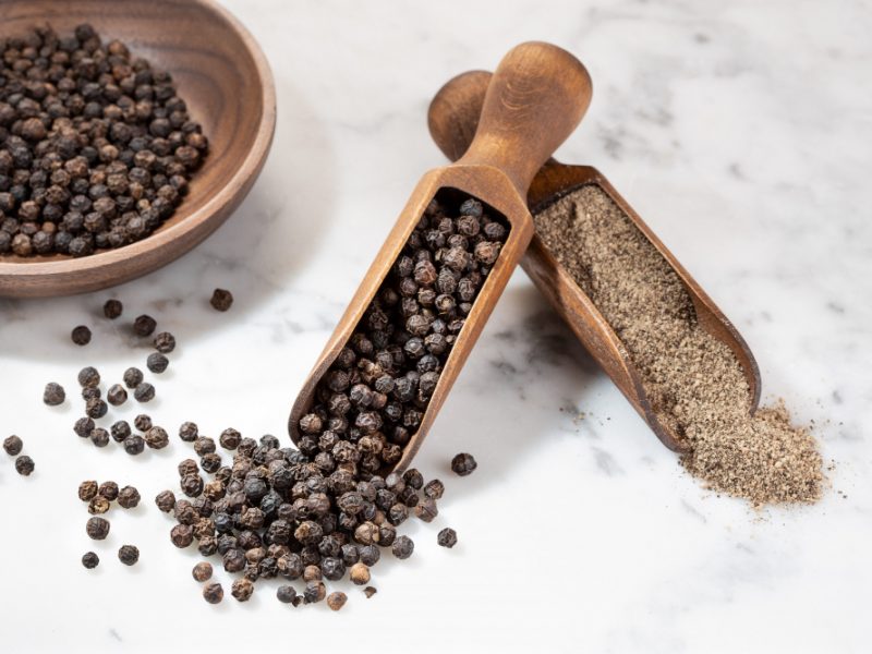 Black Pepper Seeds Ground Peppercorn Marble Background Spices Cooking Piper Nigrum