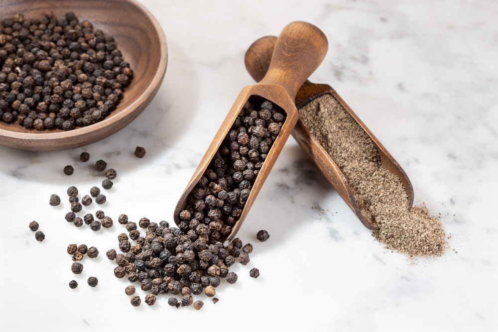 Black Pepper Seeds Ground Peppercorn Marble Background Spices Cooking Piper Nigrum