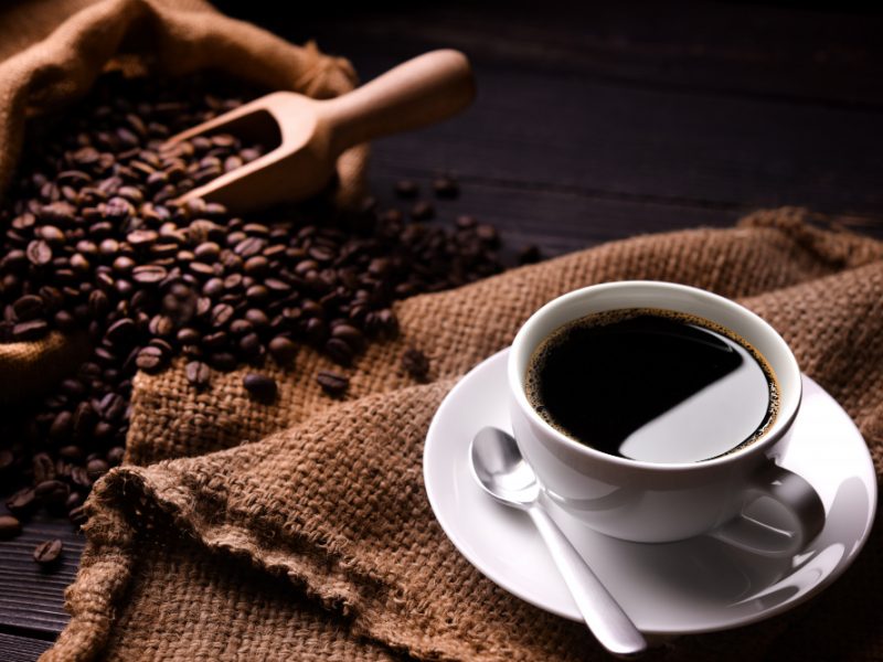 Cup Coffee Coffee Beans Burlap Sack Old Wooden Background