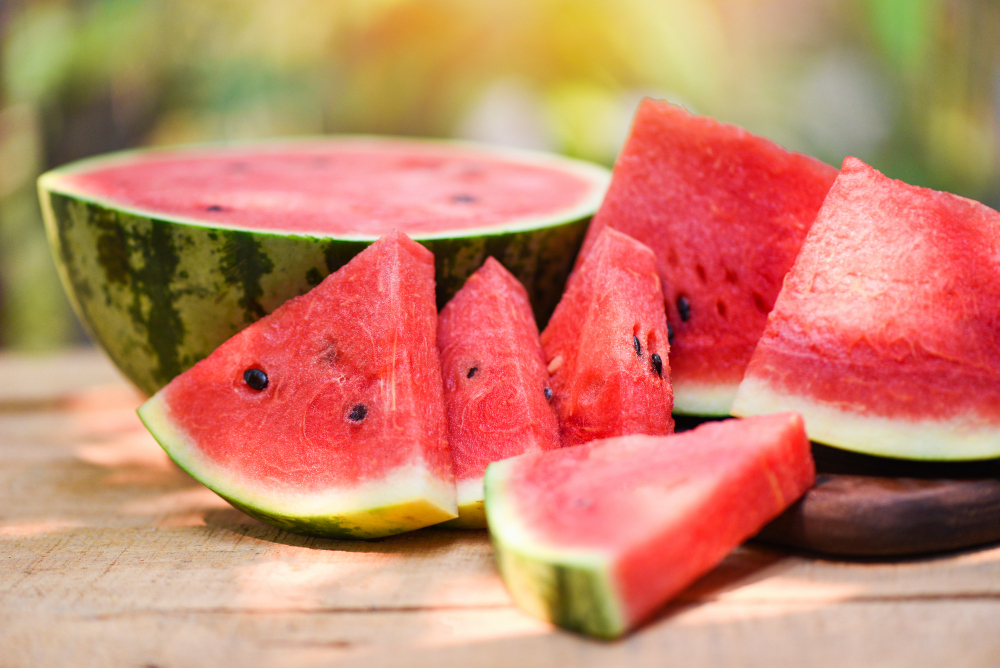 Sliced Watermelon Wooden Nature Close Up Fresh Watermelon Pieces Tropical Summer Fruit