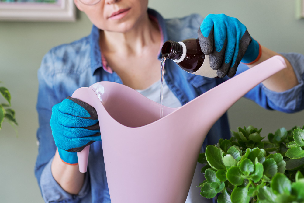 Woman Pours Liquid Mineral Fertilizer Watering Can With Water Cultivation Caring Indoor Potted Plants Hobbies Leisure Home Gardening Houseplant Urban Jungle Apartment
