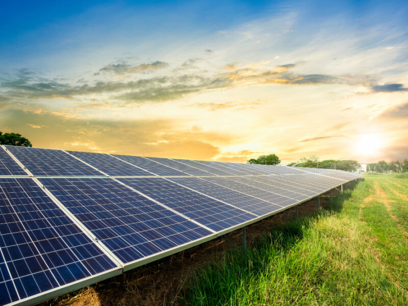 Solar Panel Cell Dramatic Sunset Sky Clean Alternative Power Energy Concept
