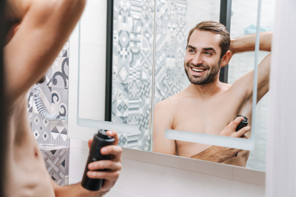 Smiling Young Shirtless Man Applying Deodorant While Standing Bathroom Mirror