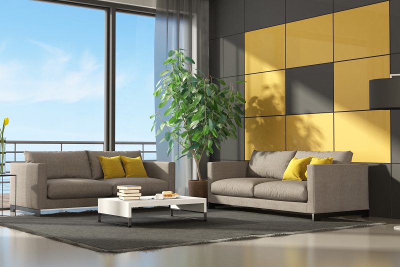 Gray Yellow Modern Living Room Two Couch 3d Rendering